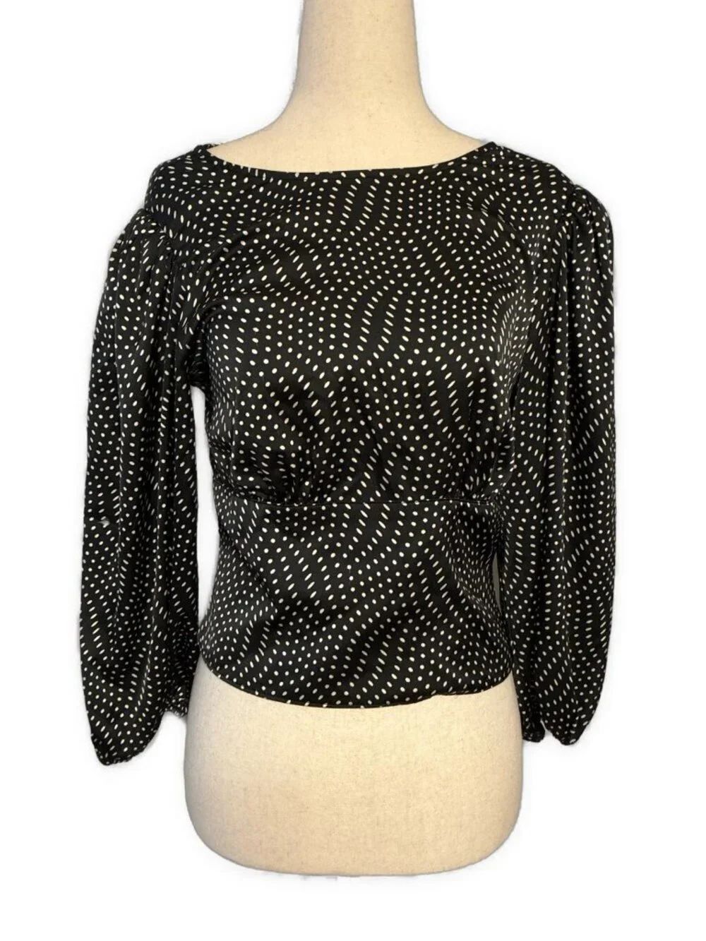 Express Satin Black Ivory Polka Dot Open Back Long Sleeve Blouse Top Size Small